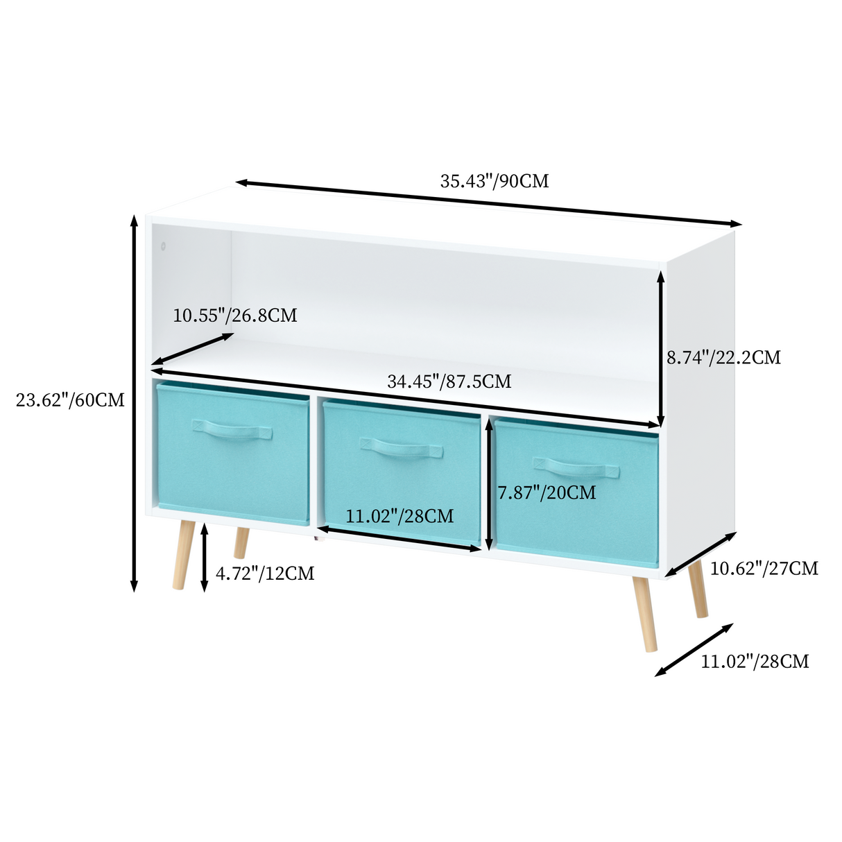 Kids bookcase with Collapsible Fabric Drawers Children's Book Display Toy Storage Cabinet Organizer White/Blue