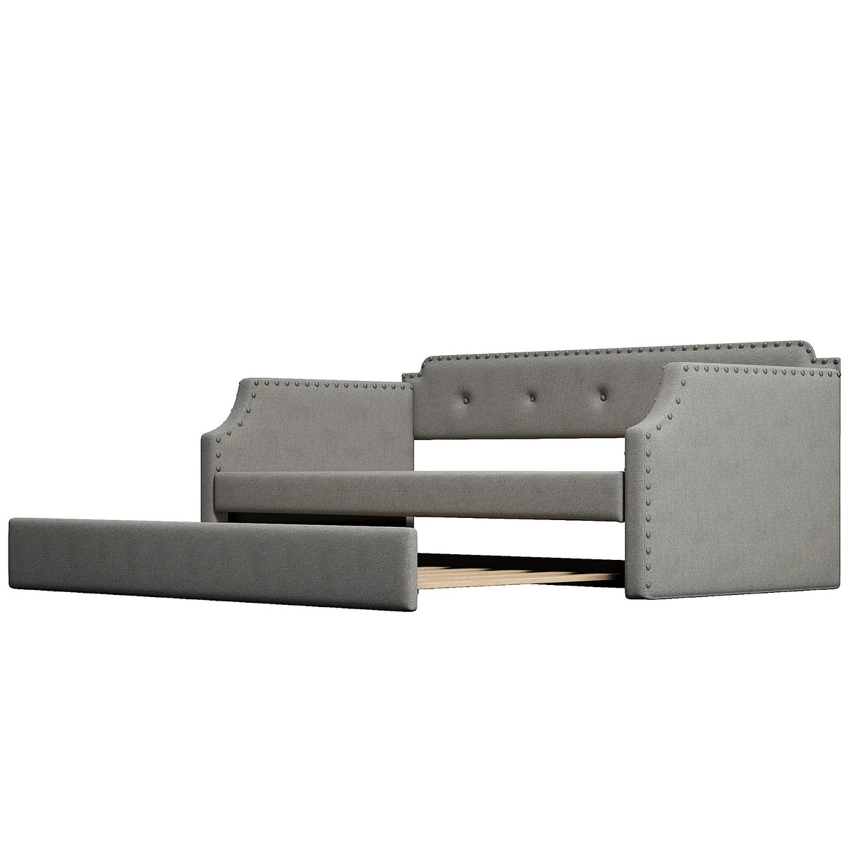 Upholstered Daybed with Trundle, Wood Slat Support,Upholstered Frame Sofa Bed Twin Gray