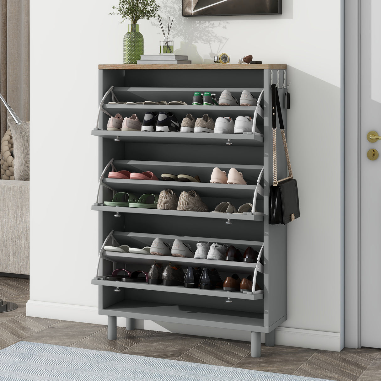 ON-TRANS narrow design shoe cabinet with 3 flip drawers and 3 independent shoe racks with 3 hooks, gray - V.I.P Digital Presence