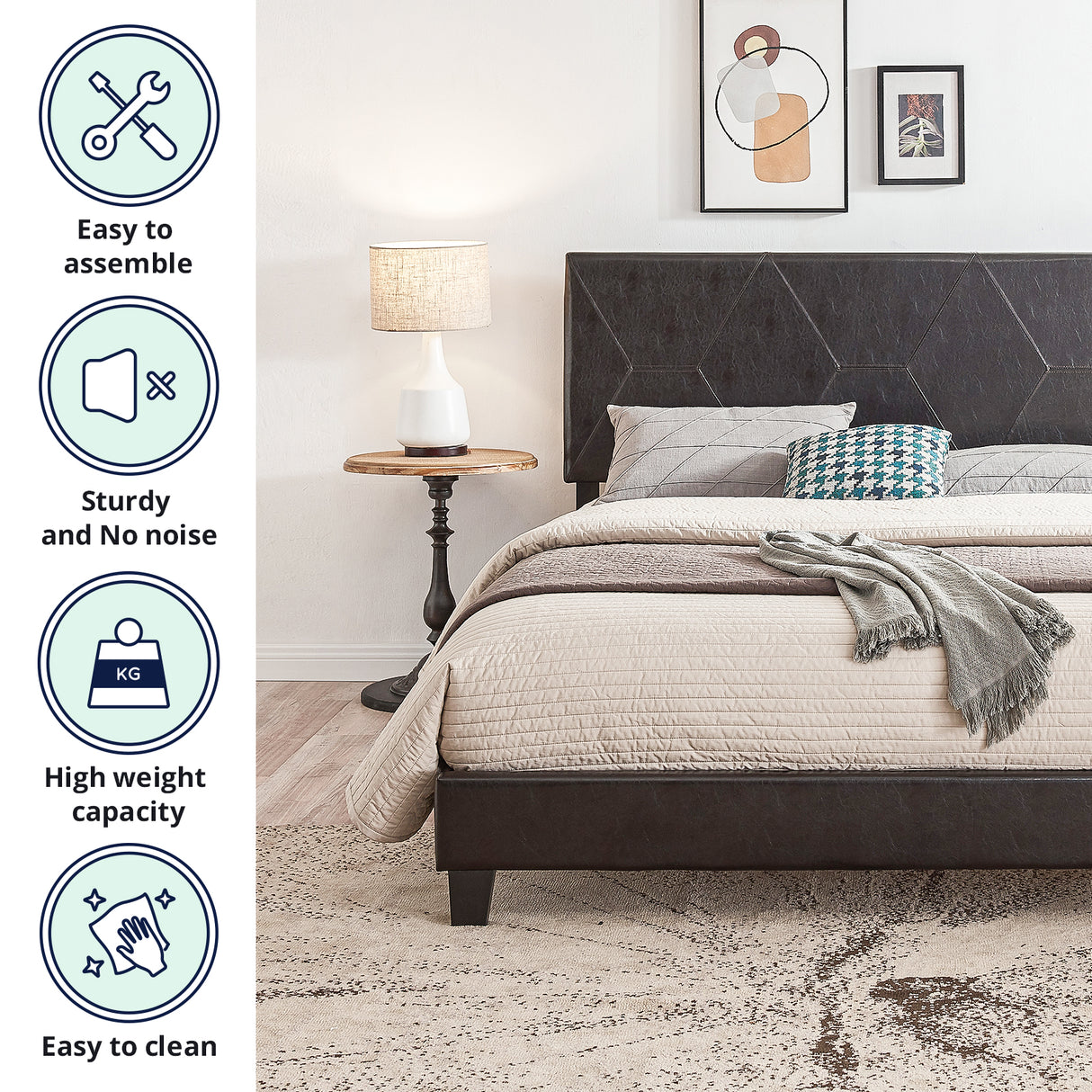 Queen Size Upholstered Platform Bed Frame Wood Slat Support Easy Assembly Black pu - V.I.P Digital Presence