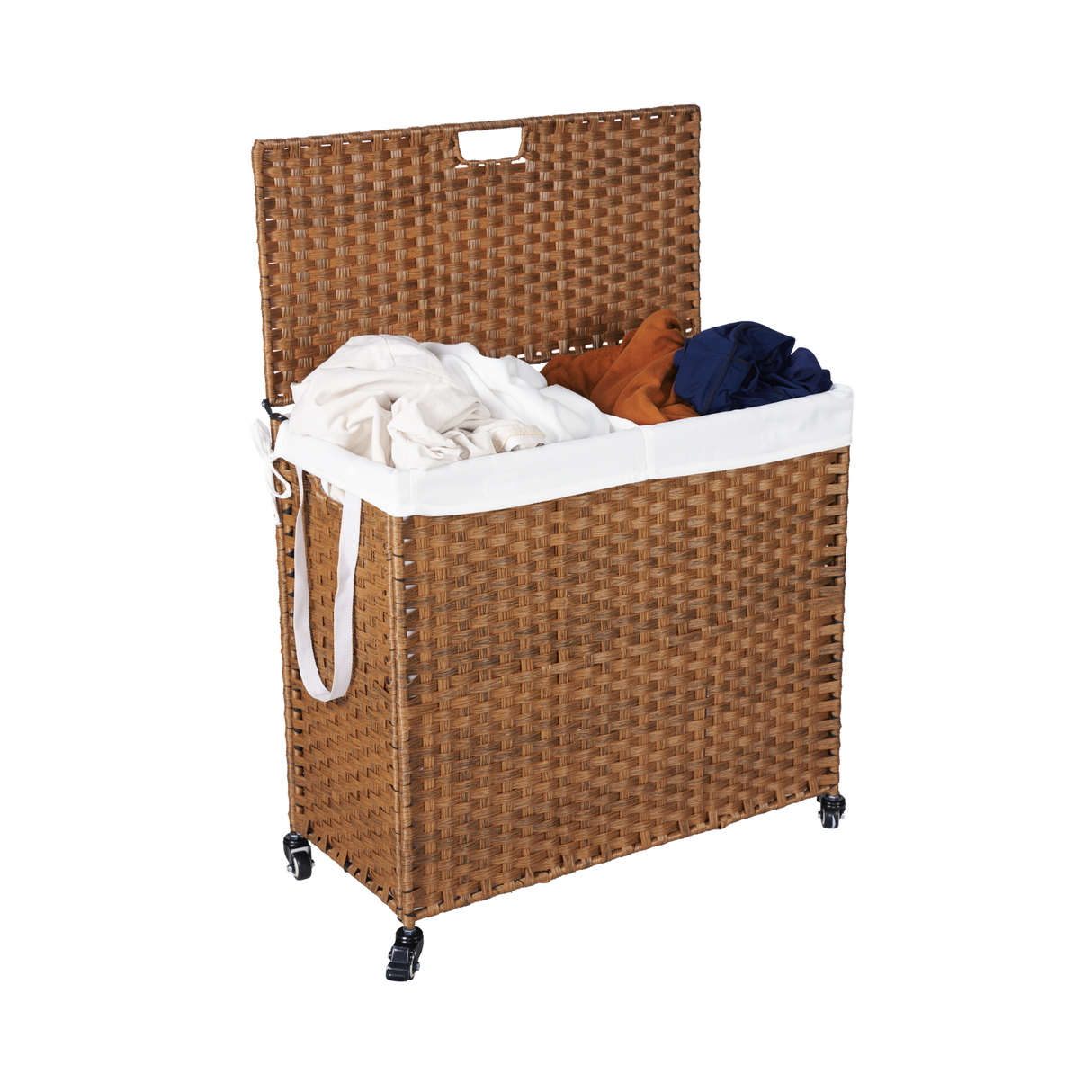 Laundry Hamper With Lid PE Rattan Powder Coating Frame Clothes Hampers with 02 Removable Bags, Wheels, 160L, Brown Color - V.I.P Digital Presence
