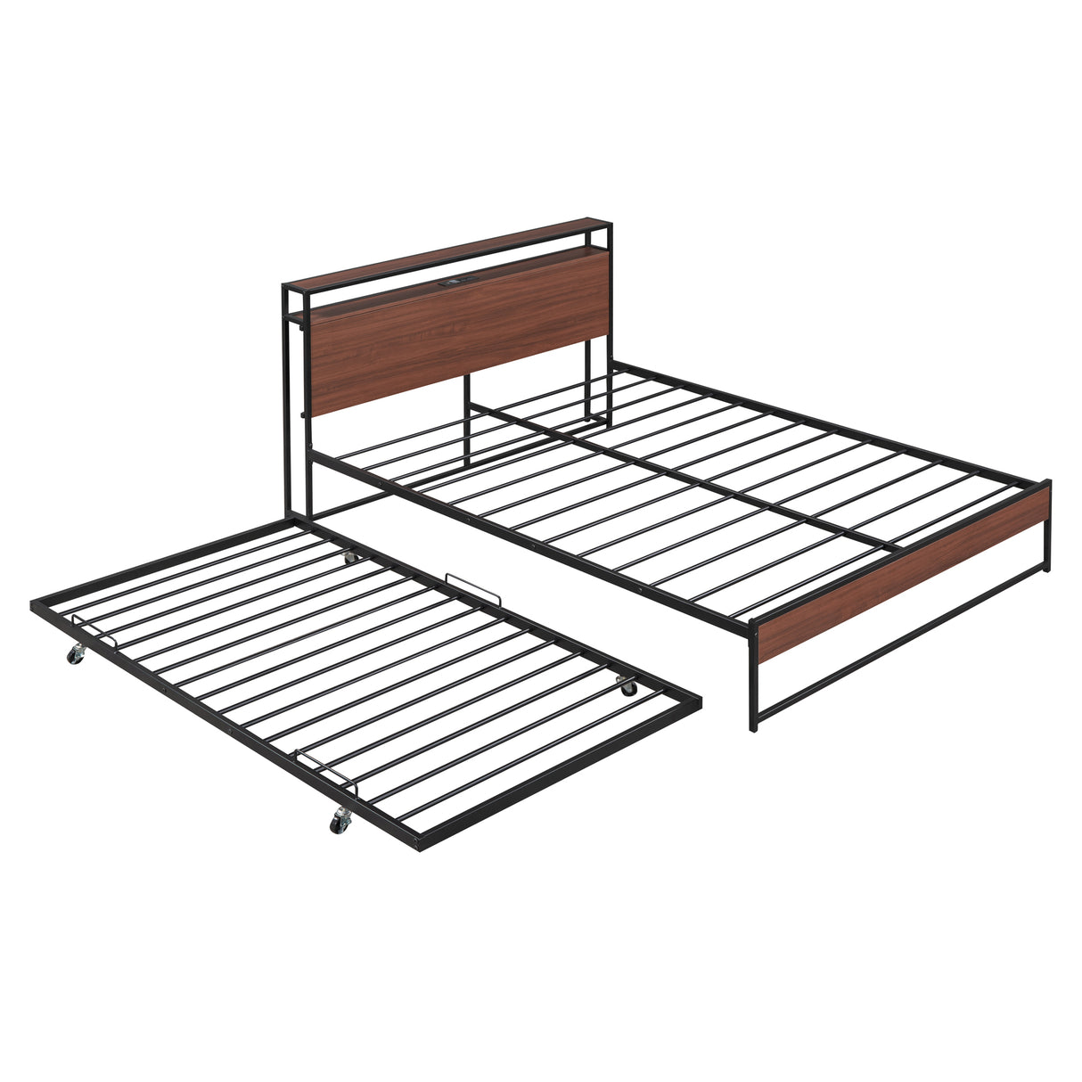 Queen Size Metal Platform Bed Frame with Trundle, USB Ports and Slat Support ,No Box Spring Needed Black - V.I.P Digital Presence
