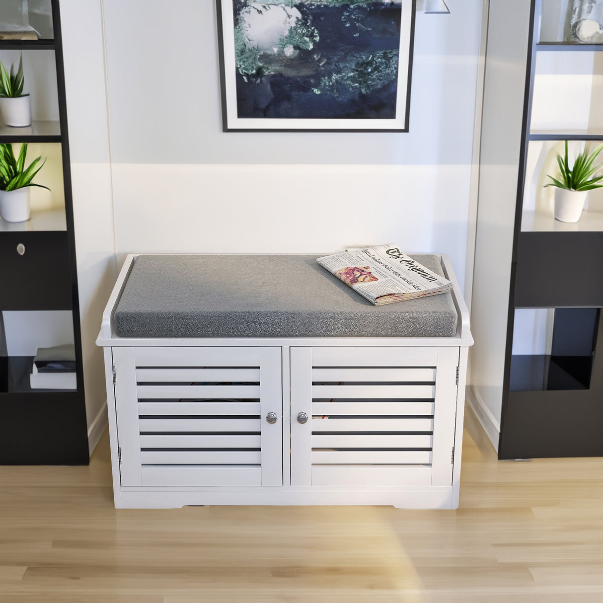 Shoe Storage Bench with Padded Seat Cushion, Entryway Bench with 2 Barn Doors-White - V.I.P Digital Presence