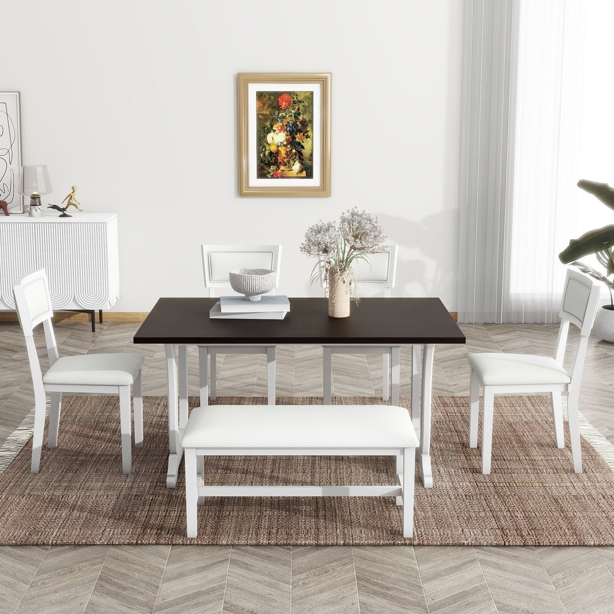 TOPMAX Farmhouse 6-Piece Trestle Dining Table Set with Upholstered Dining Chairs and Bench 59inch, White