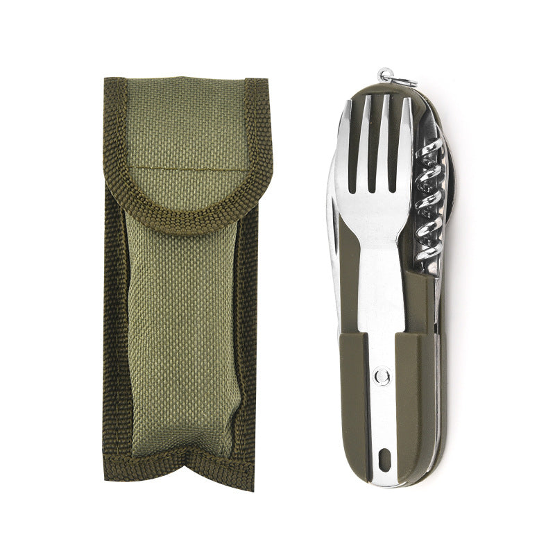 7-in-1 multifunctional stainless steel foldable outdoor camp tableware: fork, spoon, knife. Survival tools for picnic, camping.