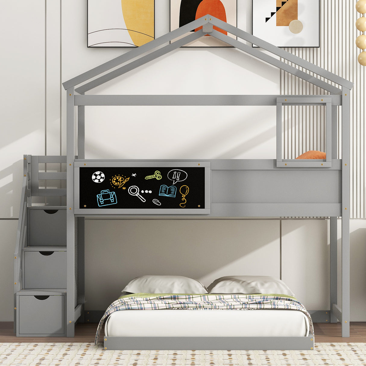 Twin over Full House Bunk Bed with Storage Staircase and Blackboard Gray