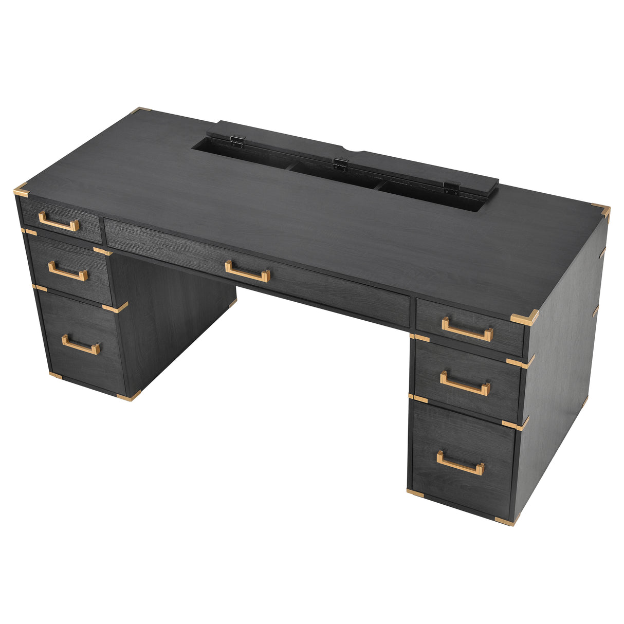 70 inch classic and traditional executive desk with metal trim, writing desk with 2 file drawers, USB ports, and sockets, black - V.I.P Digital Presence