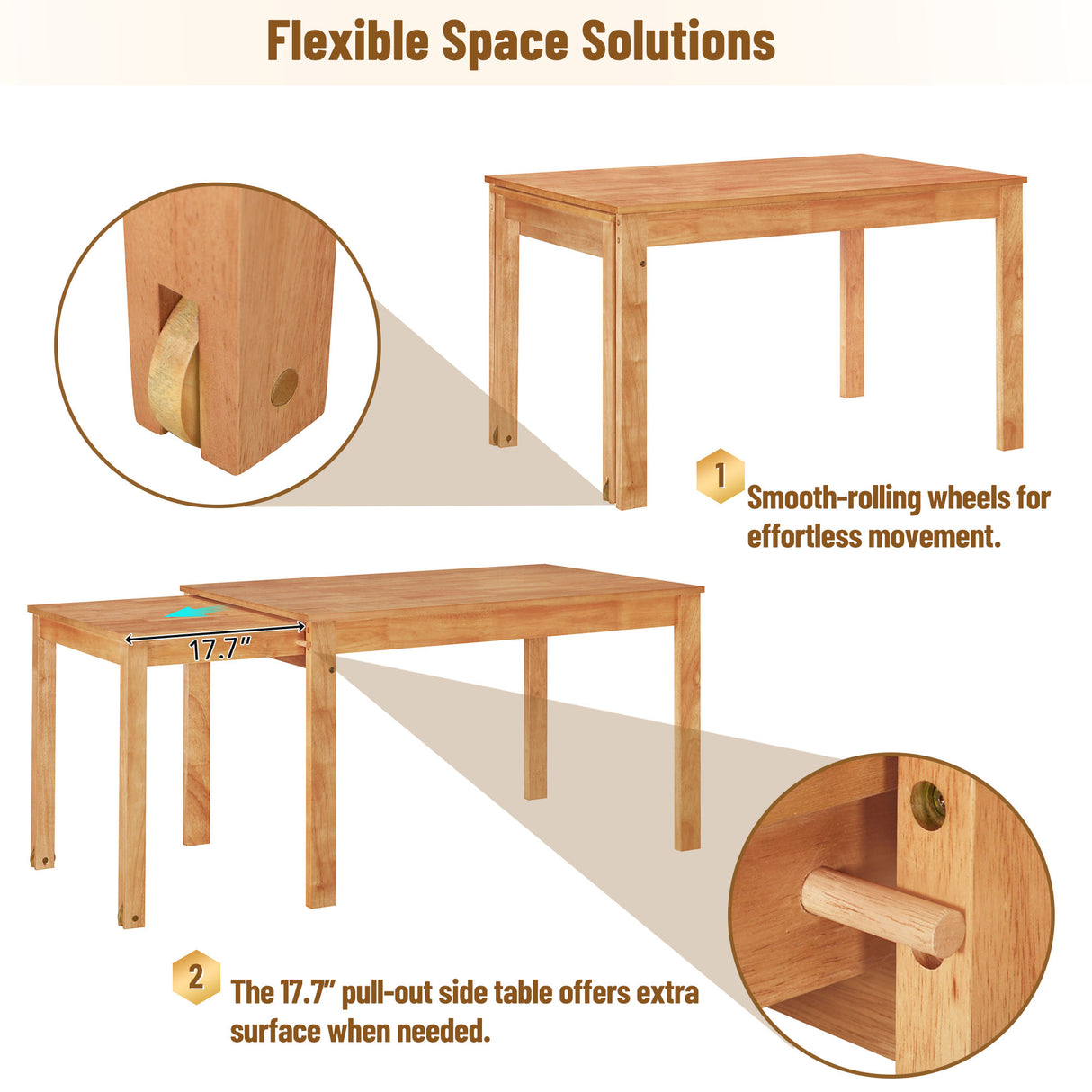 TOPMAX 65 "5-piece set with wheels, expandable dining table set, 17.7" pull-out side table and small dining chairs, natural