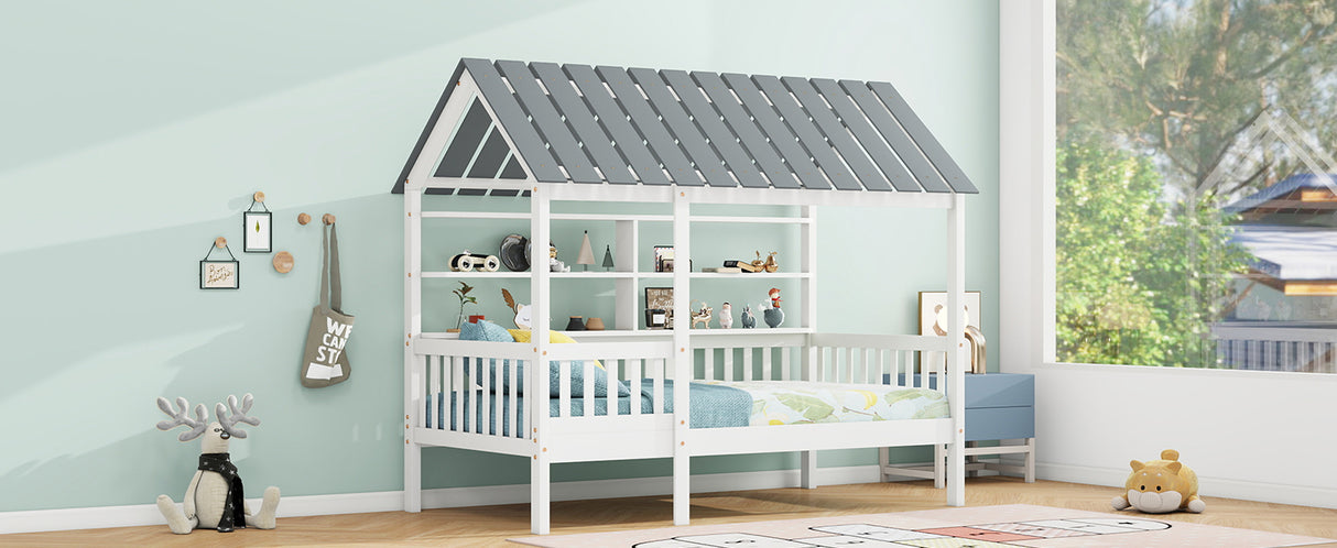 Wood Twin Size House Bed with Roof, Guardrail and Shelves, White - V.I.P Digital Presence