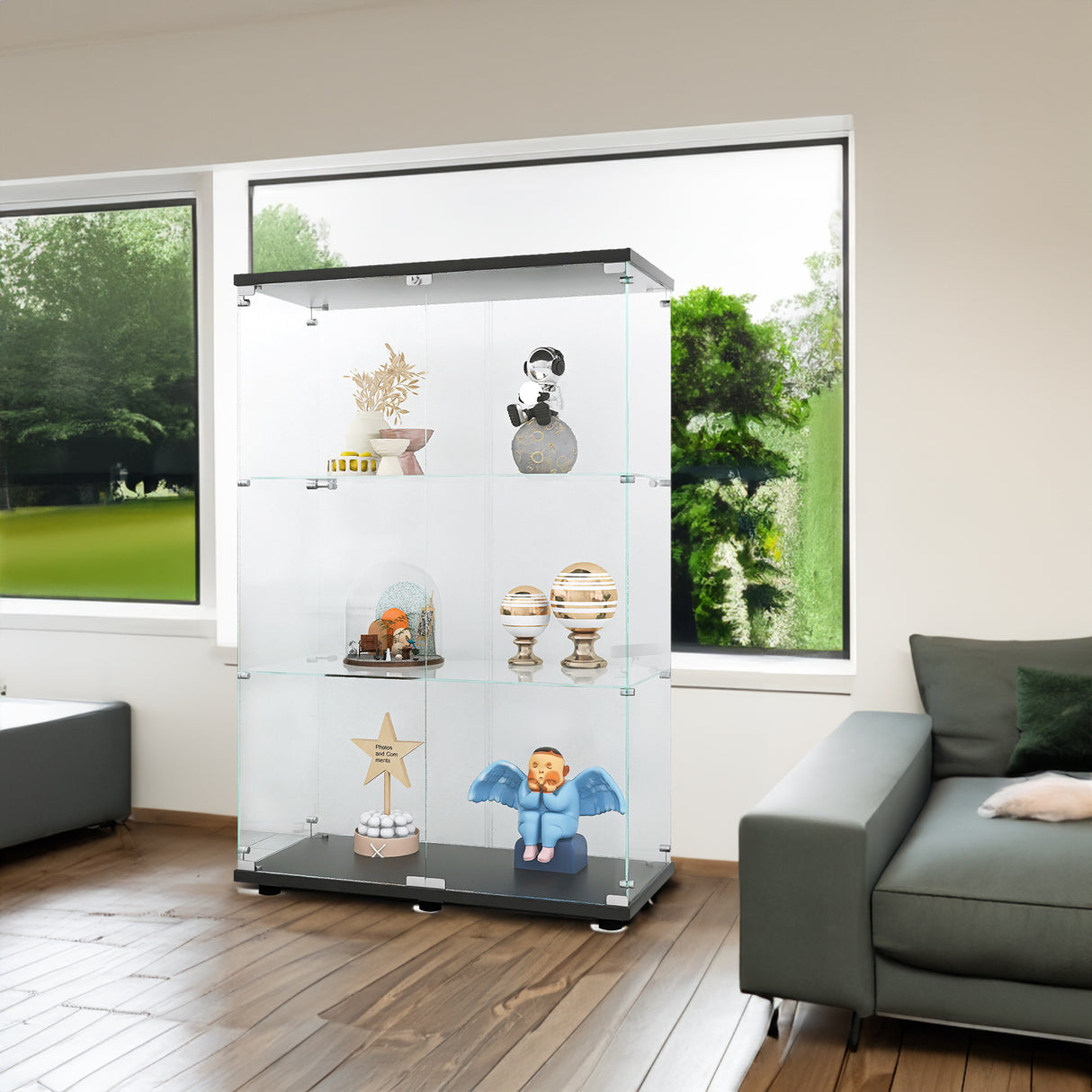 Three double door glass display cabinets with door frames, 49.3 inches * 31.7 inches * 14.3 inches, black - V.I.P Digital Presence