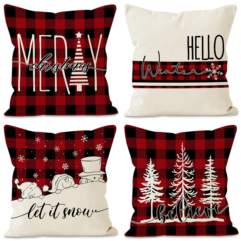 Christmas Pillowcase Linen Red Black Checkered Letter Printed Pillow Cover Holiday Living Room Decoration - V.I.P Digital Presence