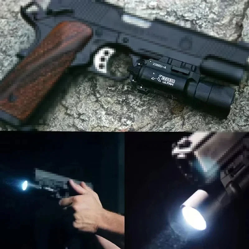 Tactica Flashlight X300-B/X300U-B/XU35: metal pistol gun strobe LED lights for 20mm rails, ideal for airsoft and hunting. - V.I.P Digital Presence