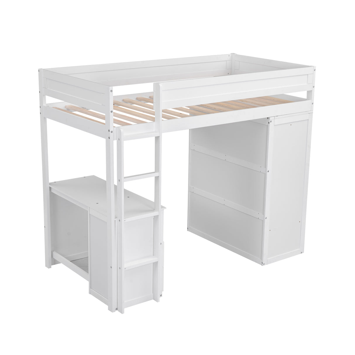 Wood Twin Size Loft Bed with Wardrobes and 2-Drawer Desk with Cabinet White