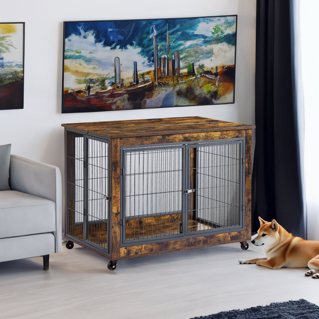 Furniture Dog Cage Crate with Double Doors, Rustic Brown, 38.58'' W x 25.2'' D x 27.17'' H - V.I.P Digital Presence