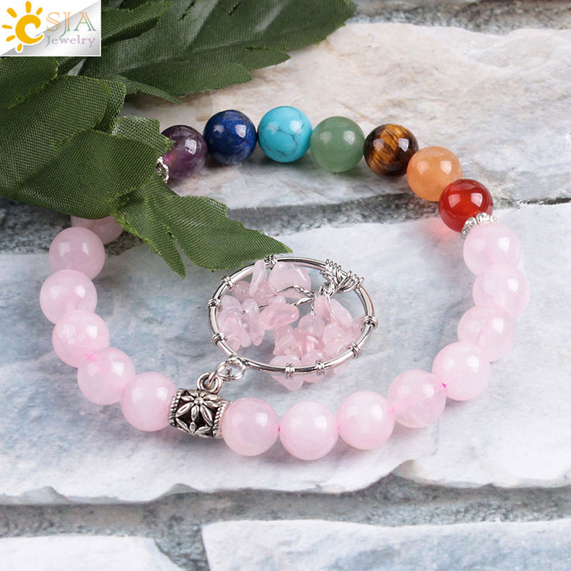 Women's natural colored pink crystal semi-precious stone bead bracelet pure handmade tree of life with pendant jewelry - V.I.P Digital Presence