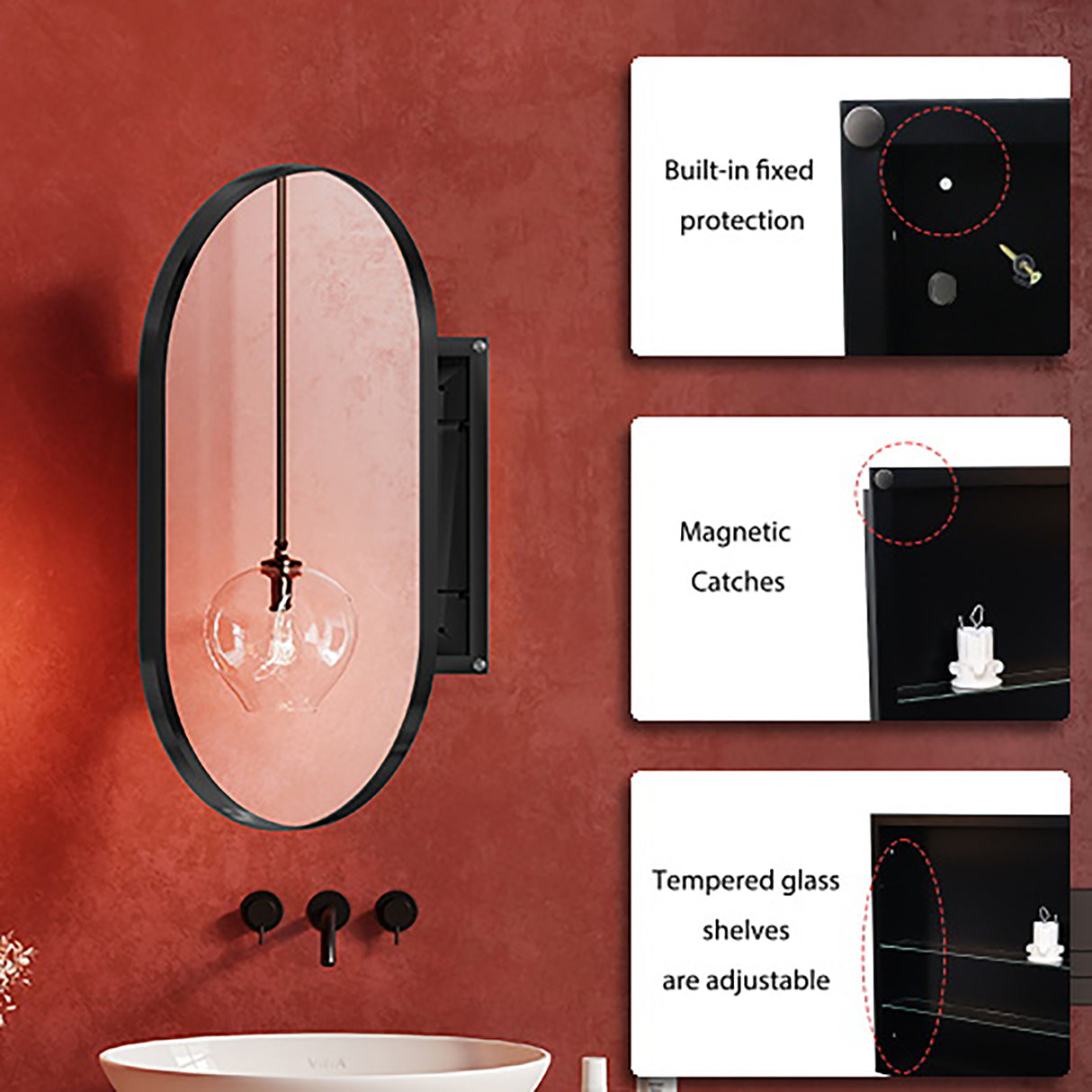 20x34 inch oval embedded medicine cabinet, metal frame bathroom cabinet with mirror and adjustable shelf matte black - V.I.P Digital Presence