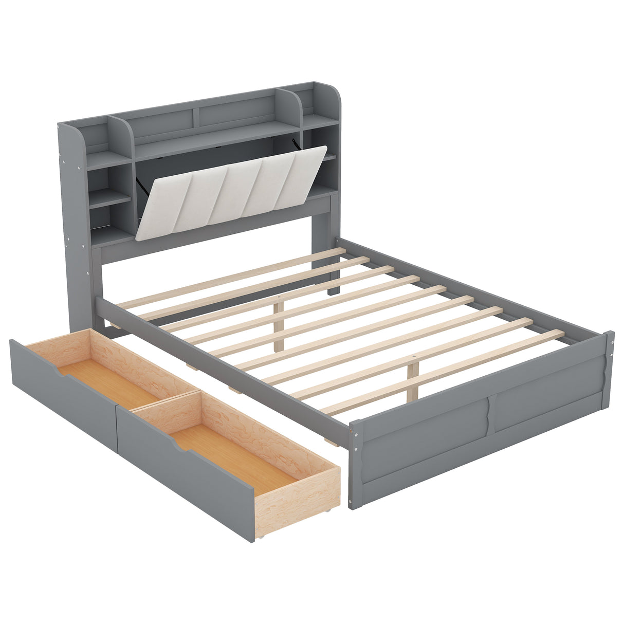 Wood Queen Size Platform Bed with Storage Headboard Shelves and 2 Drawers Gray