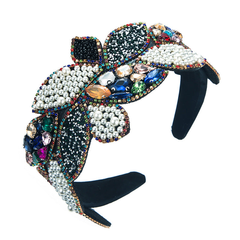 Headband Fashion Ball Rhinestone Pearl Leaf-Shaped Baroque Headband Exaggerated Wide-Brimmed Hair Accessories - V.I.P Digital Presence