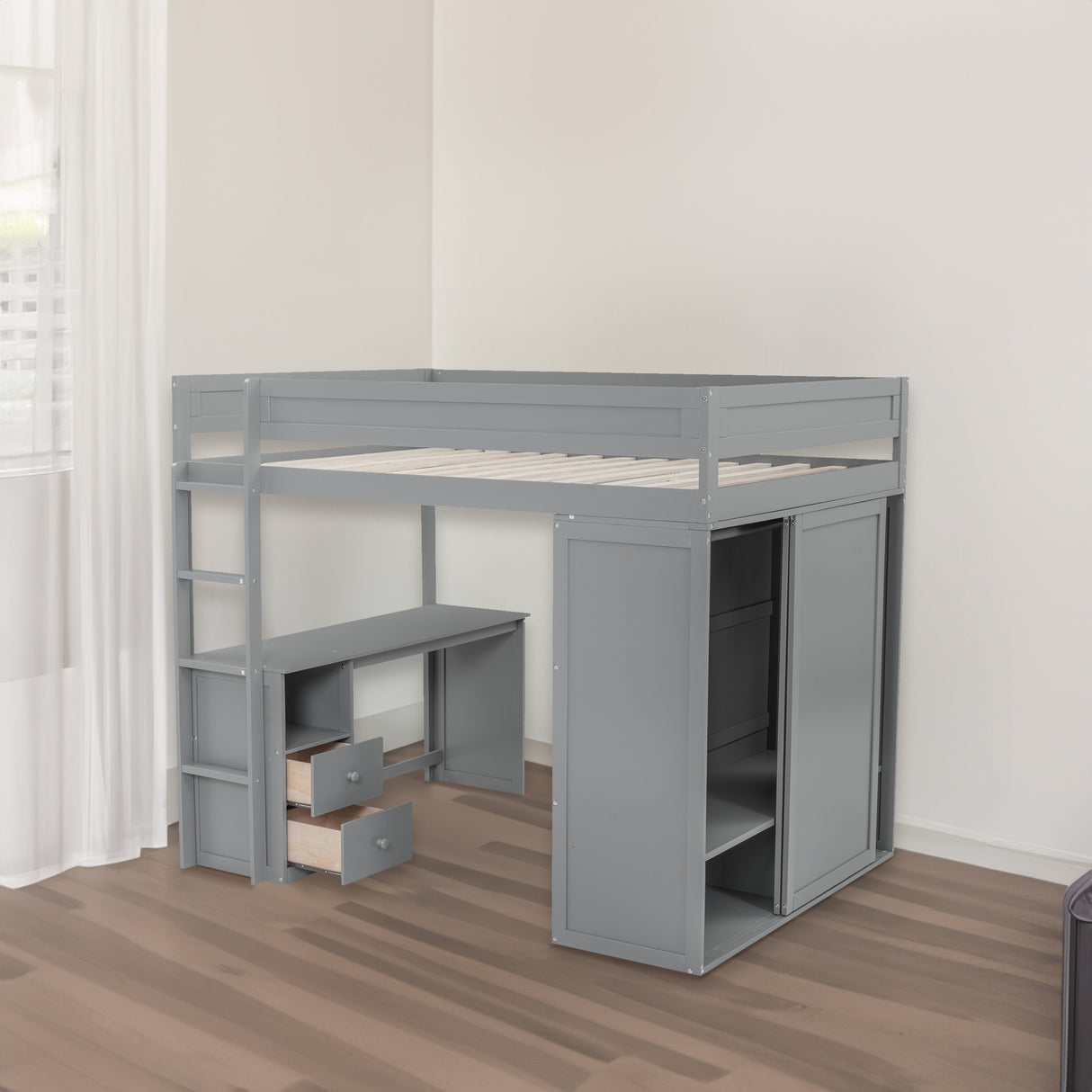 Wood Full Size Loft Bed with Wardrobes and 2-Drawer Desk with Cabinet Gray