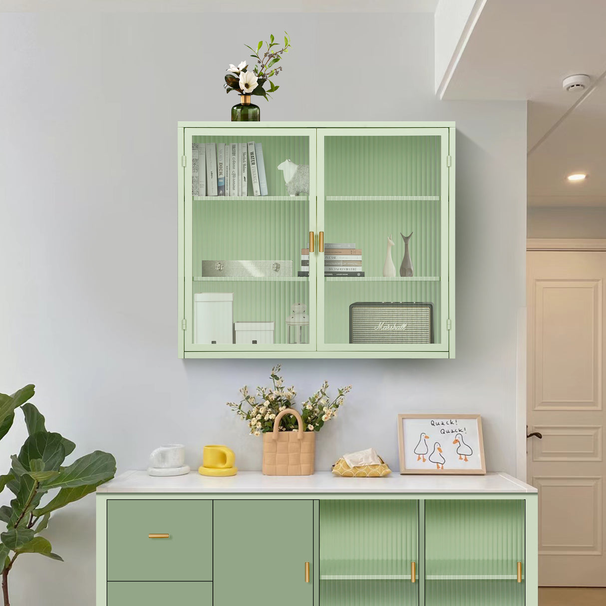 27.56"Glass Doors Modern Two-door Wall Cabinet with Featuring Three-tier Storage Mint Green