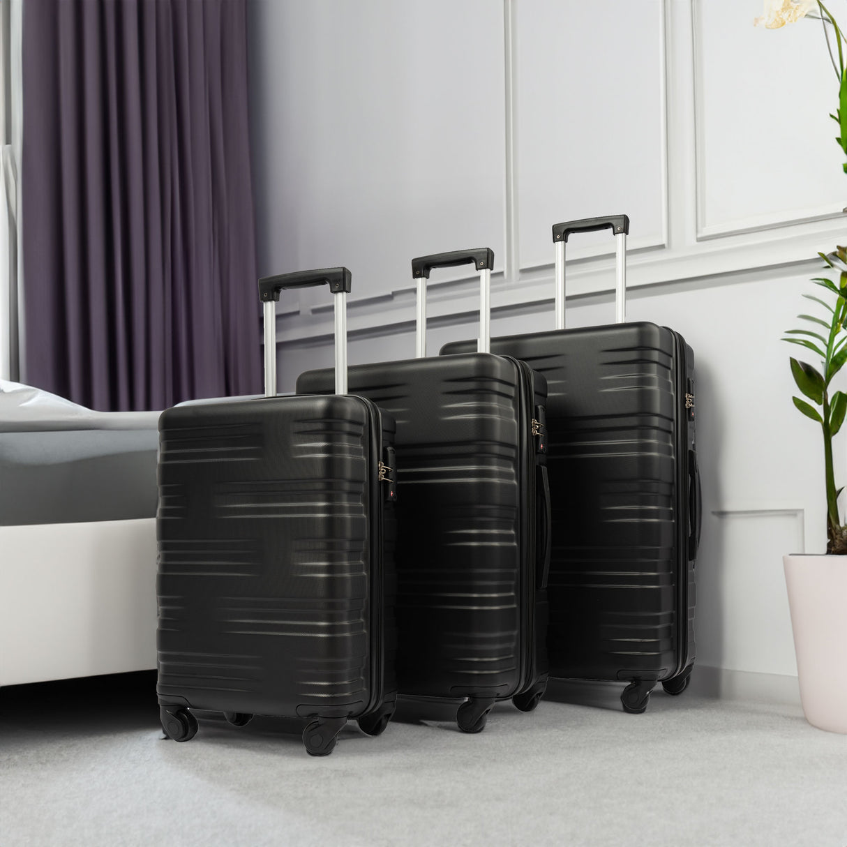 Hardshell Luggage Sets 3 Pcs Spinner Suitcase with TSA Lock Lightweight 20''24''28'' Black + ABS