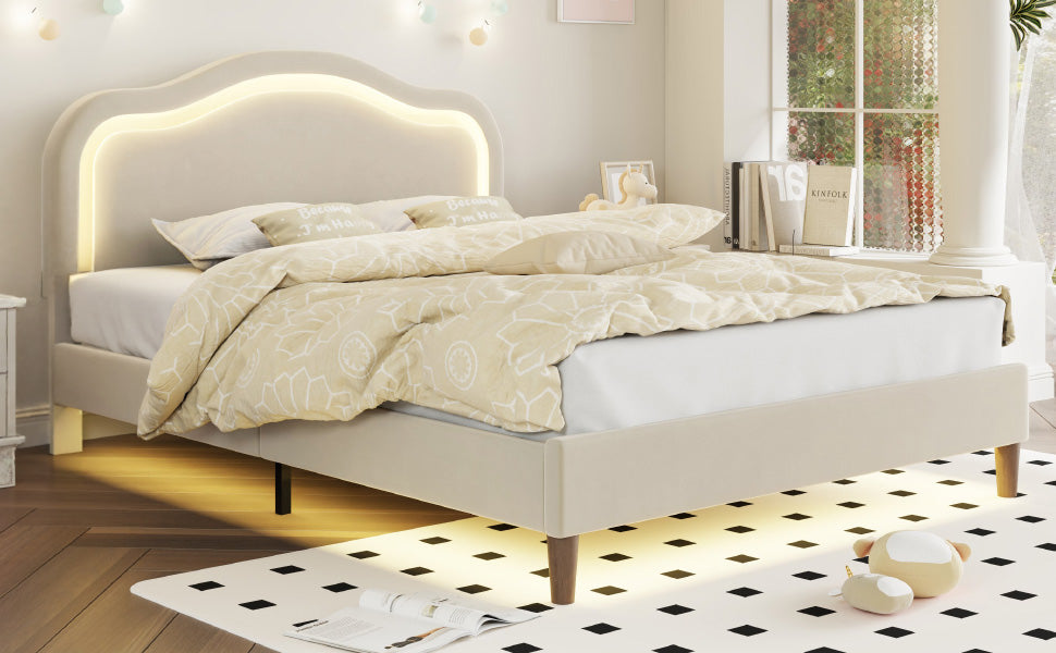 Full Size Velvet Upholstered Smart LED Bed Frame with Adjustable Height Headboard,No Box Spring Needed,Easy Assembly,Beige - V.I.P Digital Presence