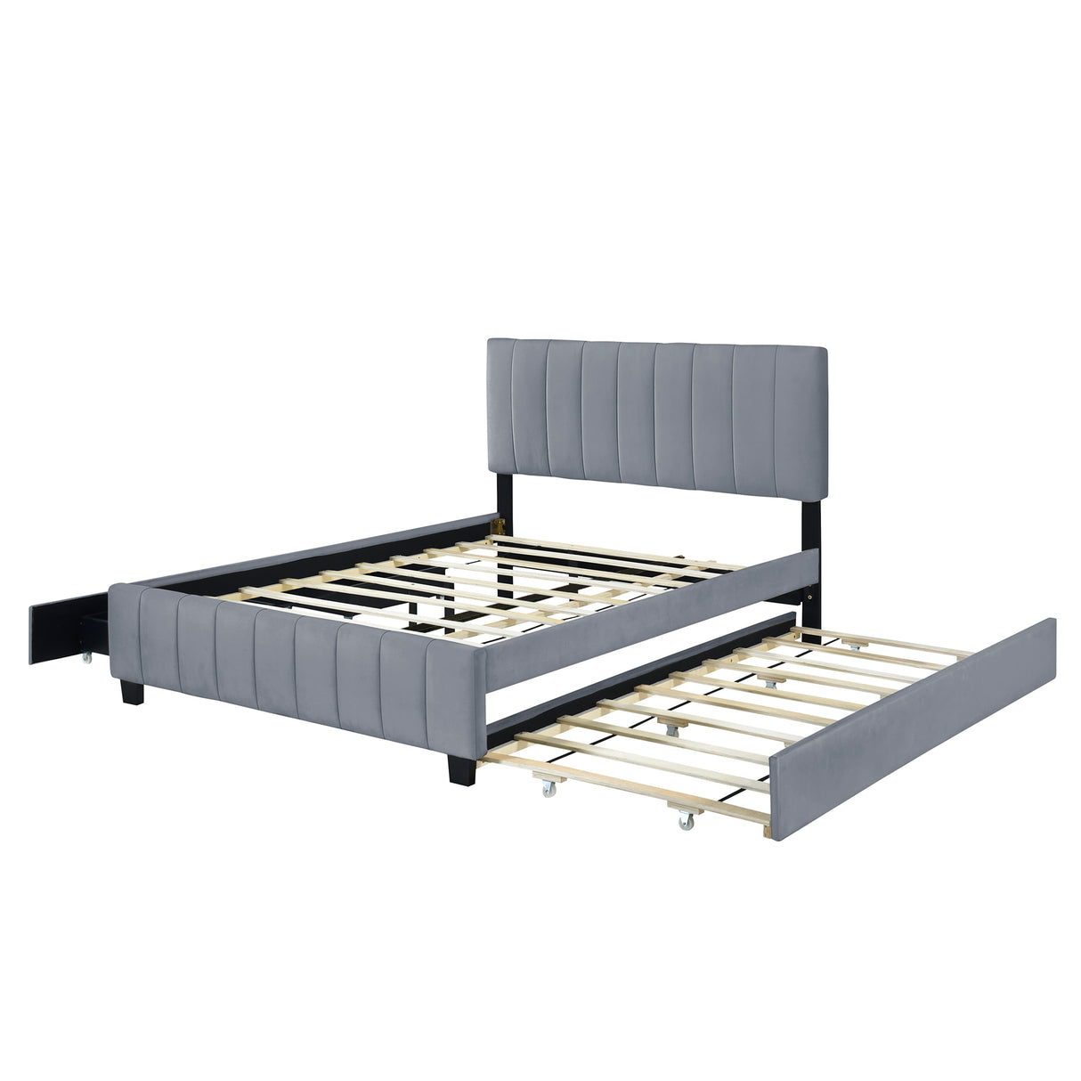 Queen Size Velvet Upholstered Platform Bed with 2 Drawers and 1 Twin XL Trundle- Gray - V.I.P Digital Presence