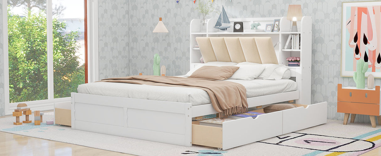 Wood Queen Size Platform Bed with Storage Headboard Shelves and 4 Drawers White