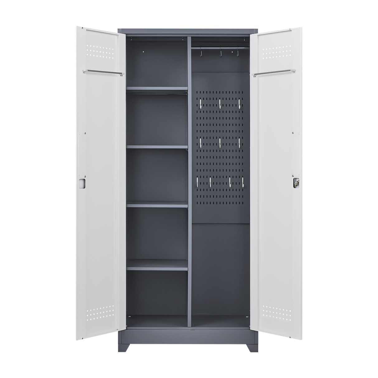 Metal storage cabinets, lockable cleaning tool cabinets, high broom tool organizers, and large storage cabinets in storage store - V.I.P Digital Presence