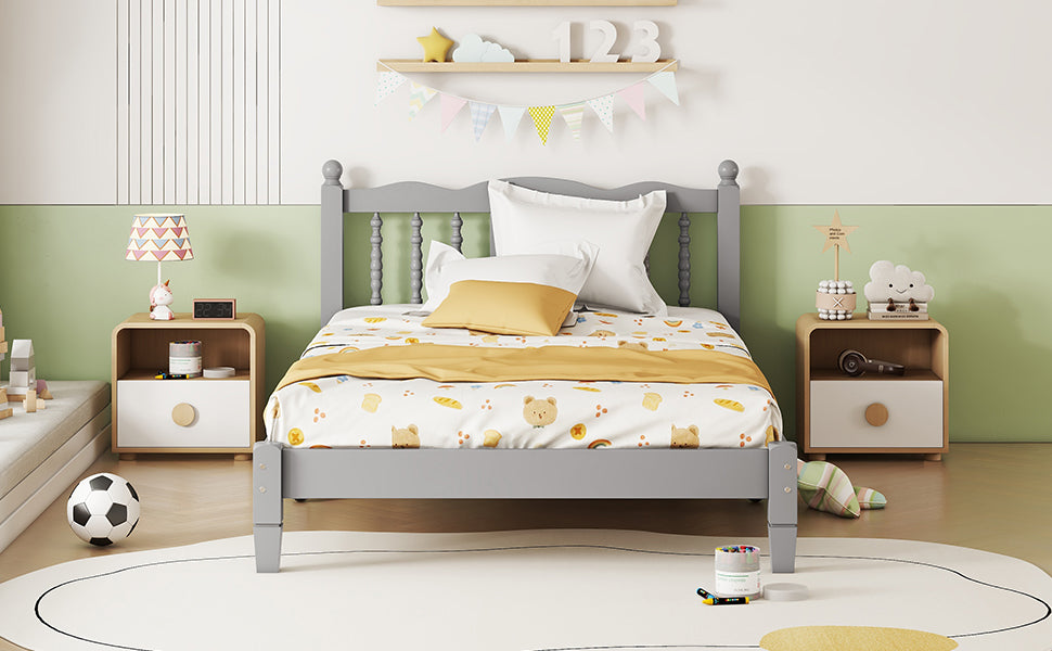 Twin Bed with Column-Decoration Headboard, with Bed Slats,Grey - V.I.P Digital Presence