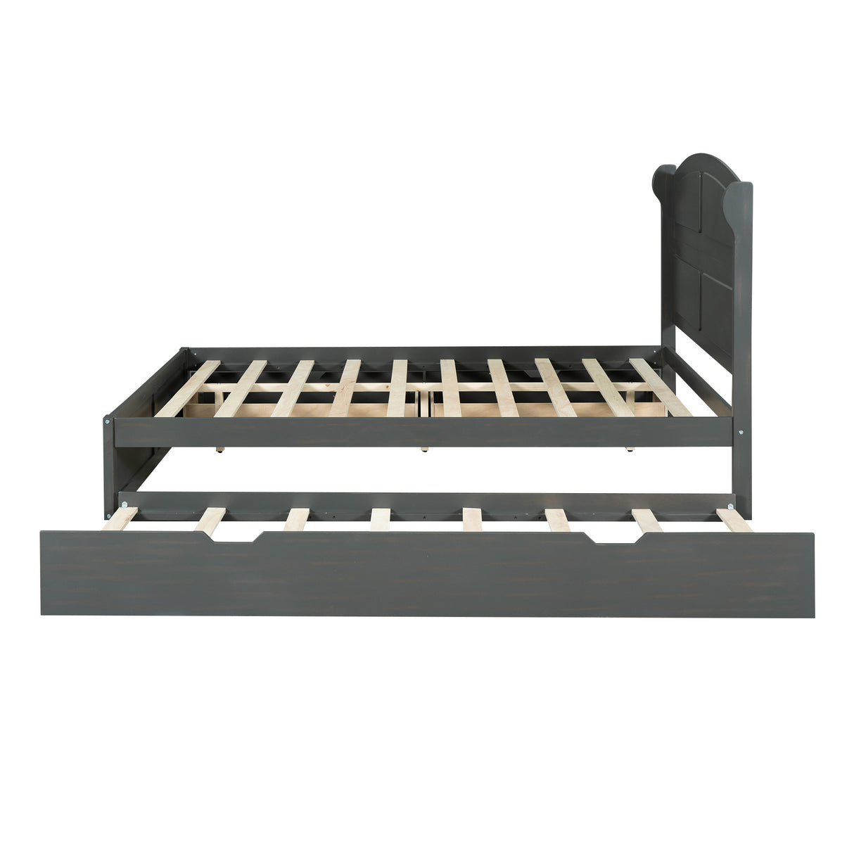 Wood Queen Size Platform Bed with Twin Size Trundle and 2 Drawers Antique Gray