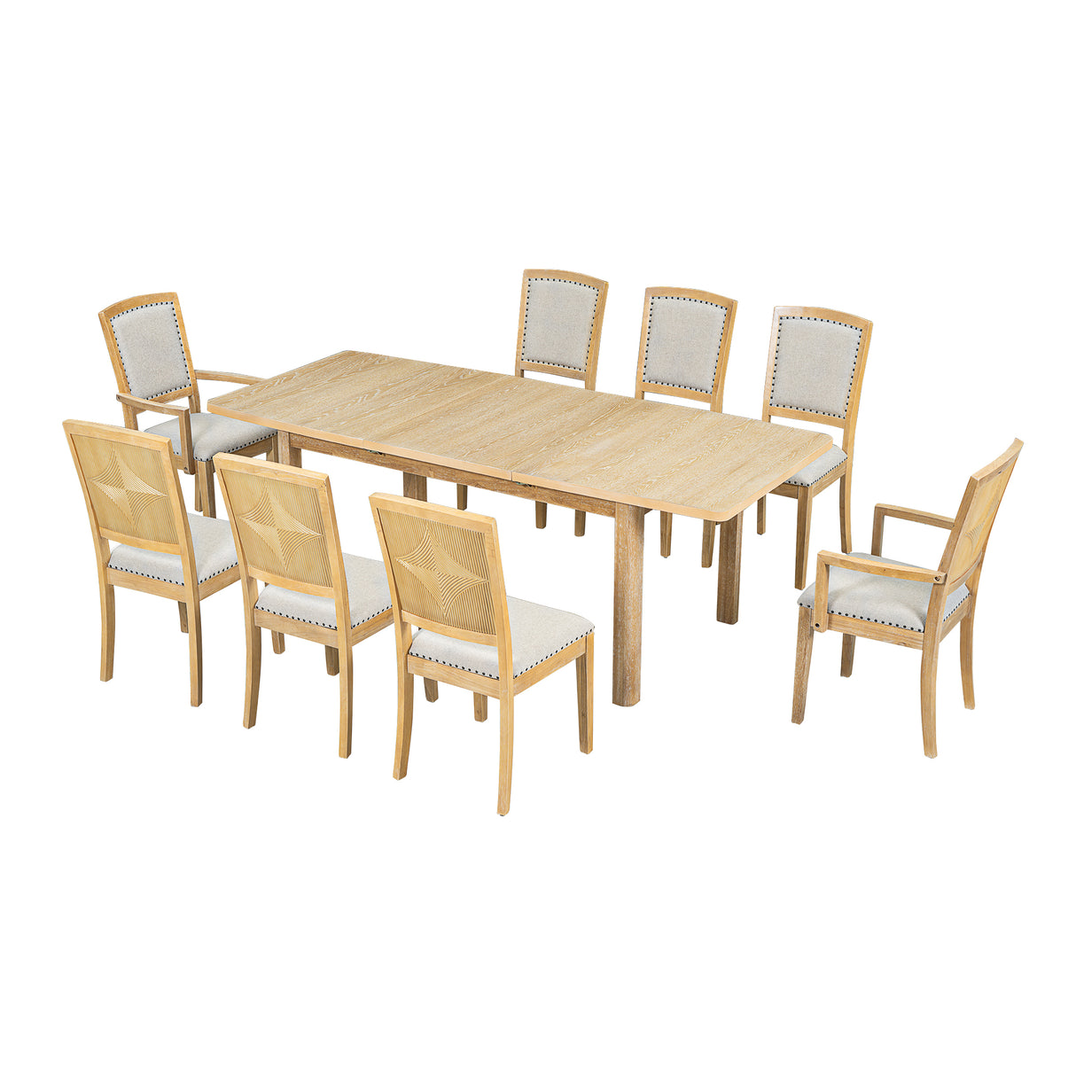 TOPMAX expandable 84 inch dining table set with 24 inch detachable leaves, 6 armless chairs and 2 armchairs 9 pieces natural
