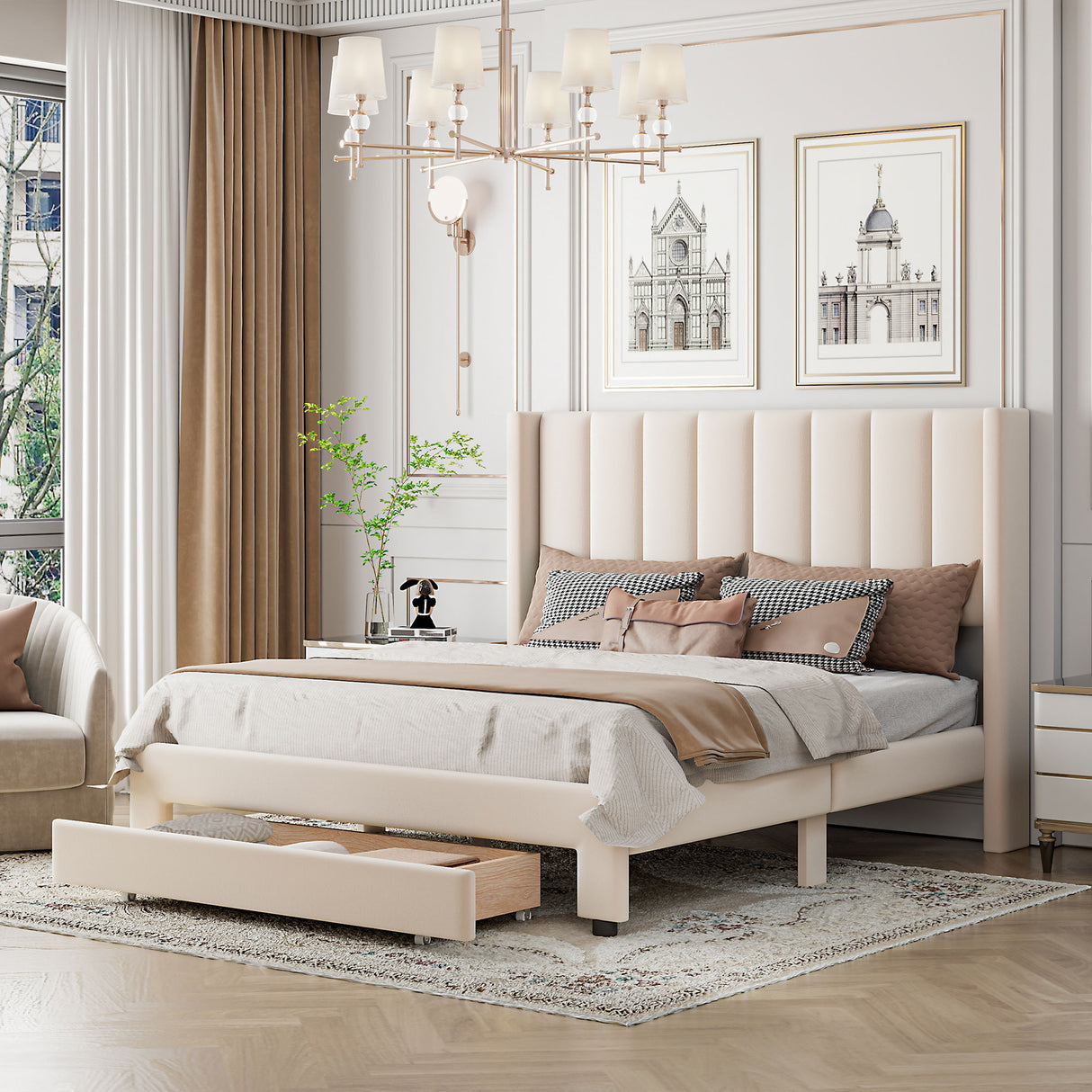 Queen Size Storage Bed Velvet Upholstered Platform Bed with a Big Drawer - Beige - V.I.P Digital Presence