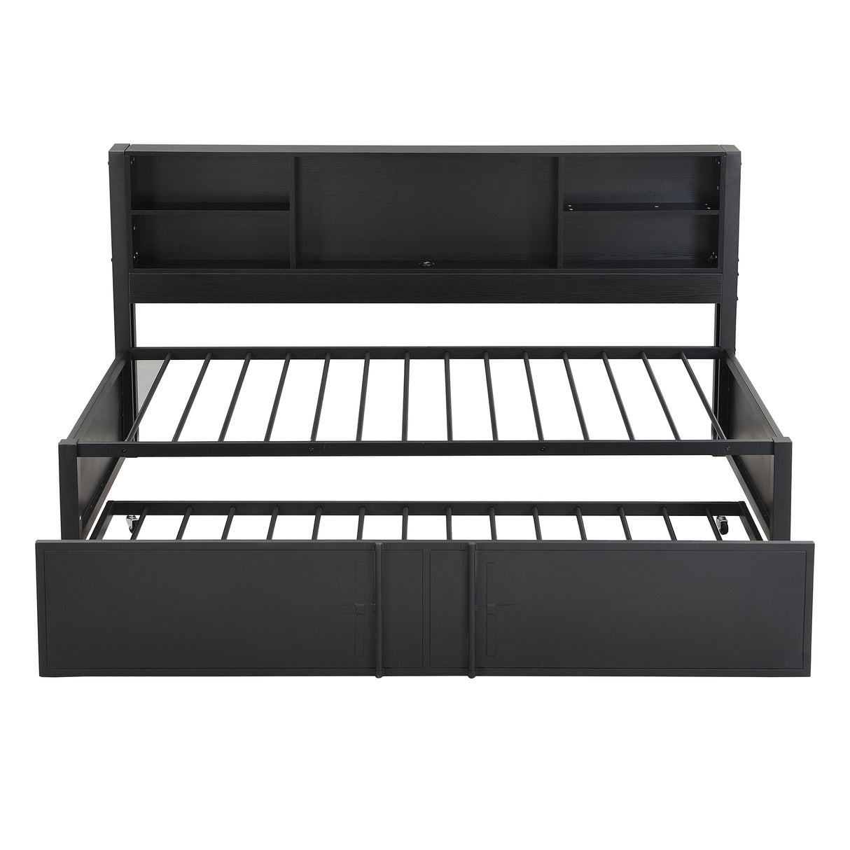Metal Twin Size Daybed with Twin Size Trundle Storage Shelves and USB Ports Black