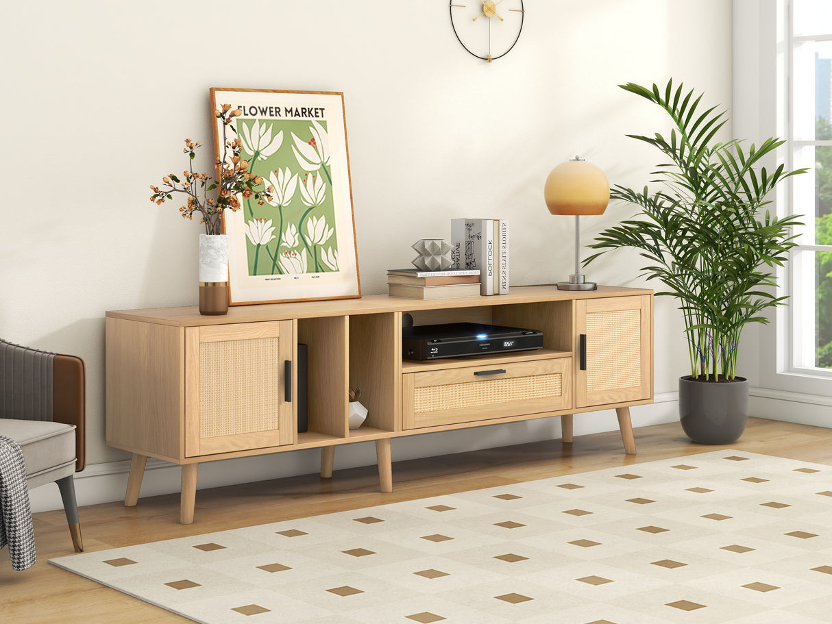 Vine TV stand with 2 cabinets and 2 open shelves, suitable for TVs under 80 inches, with solid wood legs for TV cabinets - V.I.P Digital Presence
