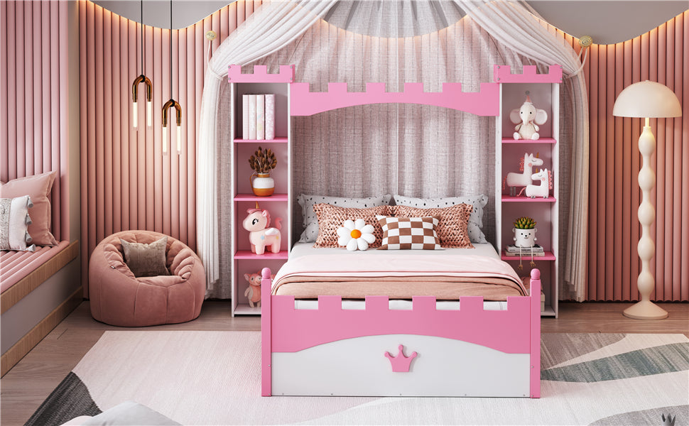 Castle-Shaped Wooden Bed with Storage Shelf, Dreamy Twin Size Platform Bed for Kids Bedroom, White + Pink - V.I.P Digital Presence