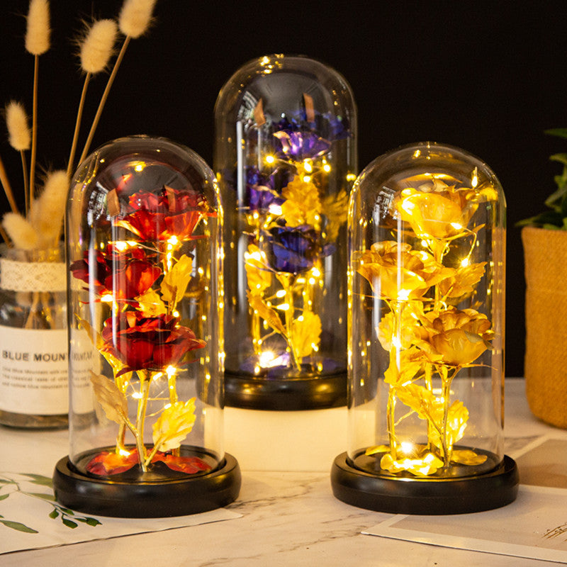 Valentine's Mother's Day Gift: Three Glass Cover Gold Foil Roses Ornament, Eternal Flower LED Night Light - V.I.P Digital Presence
