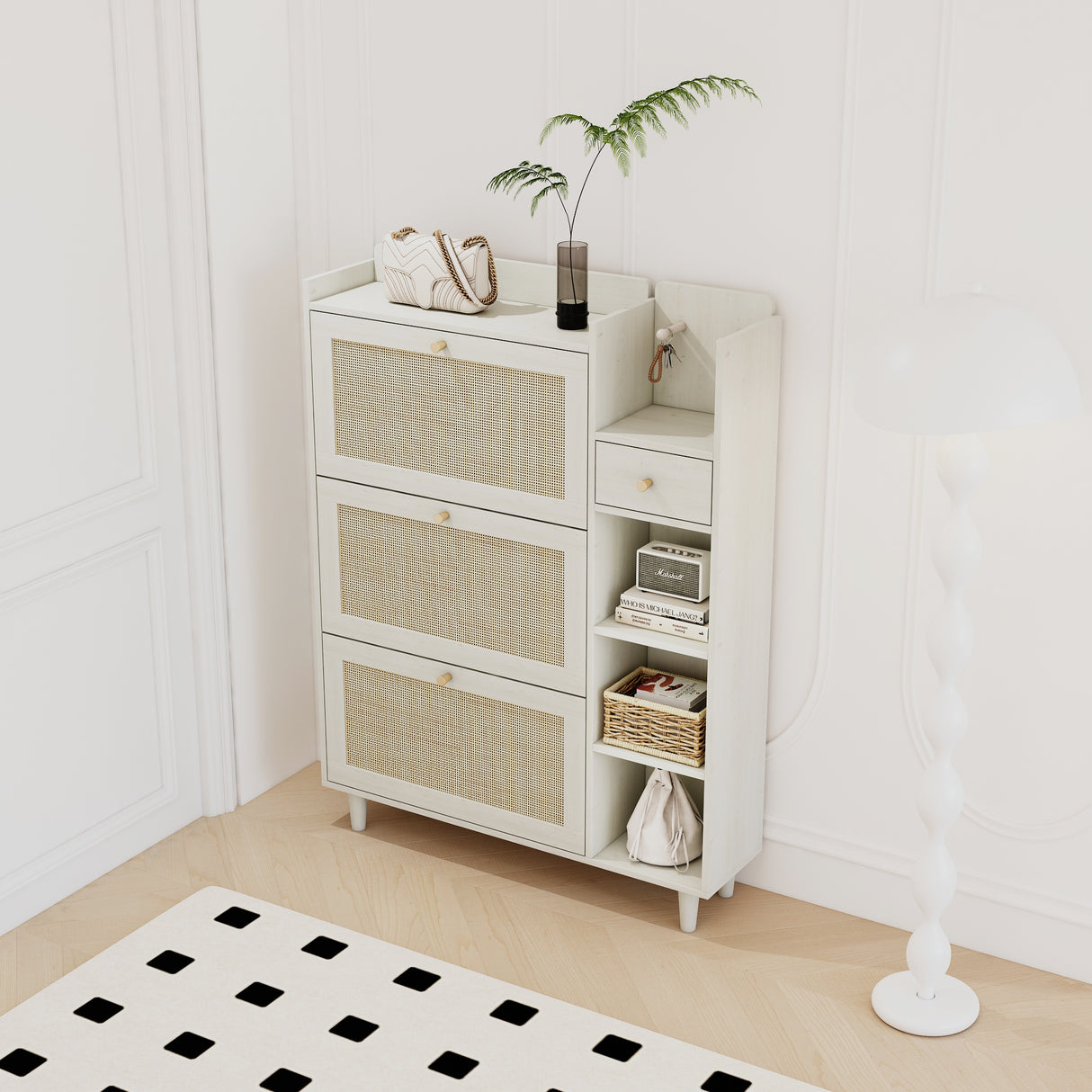 Natural Bohemian style shoe cabinet with 3 rattan flip drawers, 3 square shelves, and 1 storage drawer, white - V.I.P Digital Presence