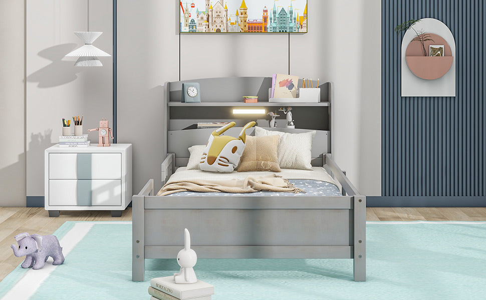 Wood Twin Size Platform Bed with Built-in LED Light Storage Headboard and Guardrail Antique Grey
