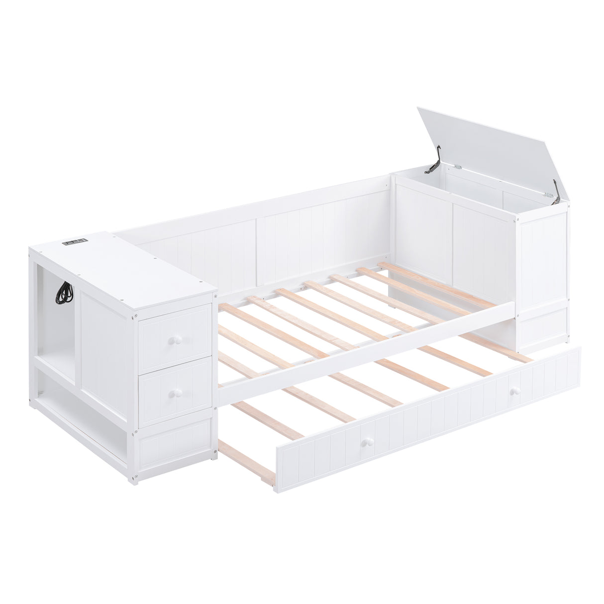 Twin Size Daybed with Storage Arms Trundle and Charging Station White