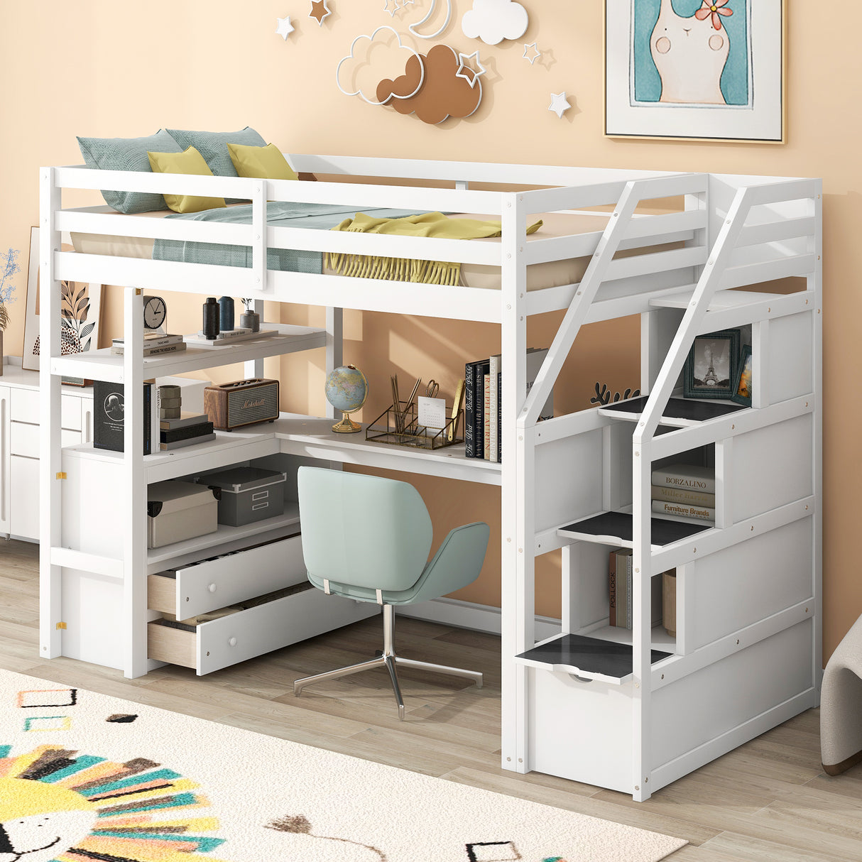 Twin Size Loft Bed with Desk and Shelves Two Built-in Drawers Storage Staircase White