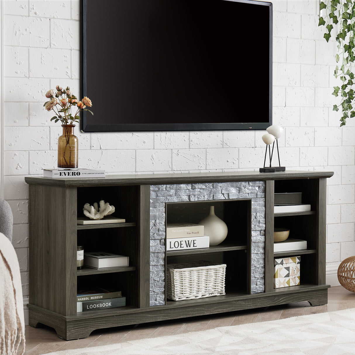 Mantel Stone modern entertainment console, manually stacked stone surrounds open storage space, gray - V.I.P Digital Presence