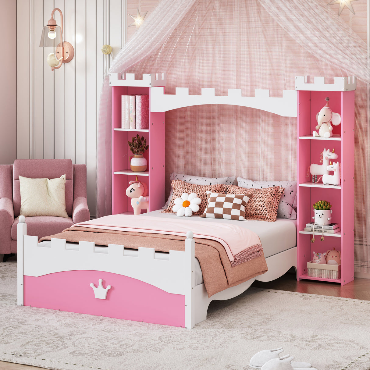 Castle-Shaped Wooden Bed with Storage Shelf, Dreamy Twin Size Platform Bed for Kids Bedroom, Pink+ White - V.I.P Digital Presence