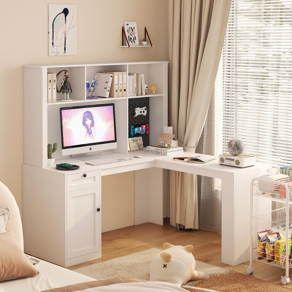Corner gaming computer desk with socket, drawers, bookshelf and writing desk, modern L-shaped learning desk with storage space - V.I.P Digital Presence
