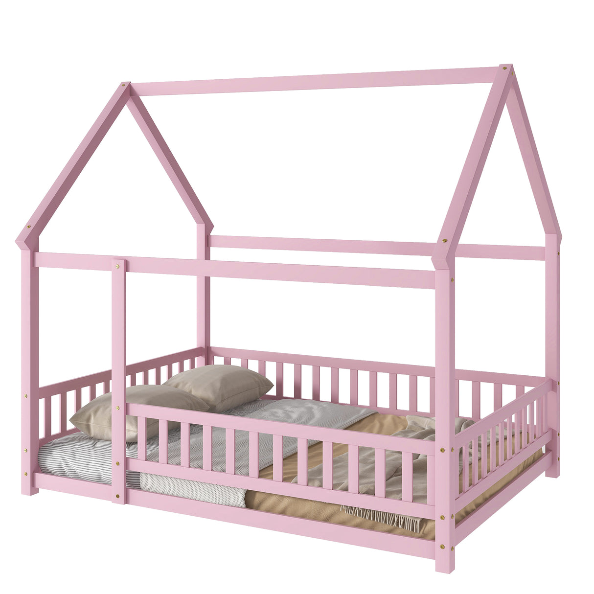 Full Size Floor Wooden Bed with House Roof Frame, Fence Guardrails ,Pink - V.I.P Digital Presence