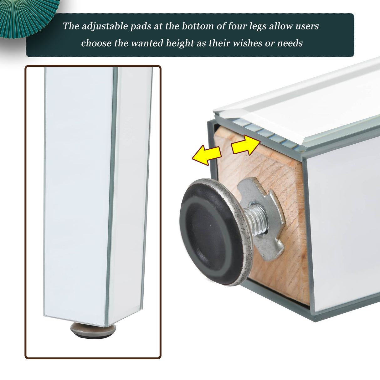 ON-TRANS glass mirror edge table, easy to assemble crystal design and adjustable height leg edge table, silver - V.I.P Digital Presence