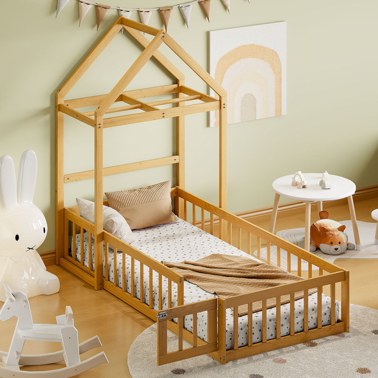 Wooden Twin Size Children's Bed with Detachable Headboard and Integrated Clothes Drying Rack, Natural - V.I.P Digital Presence