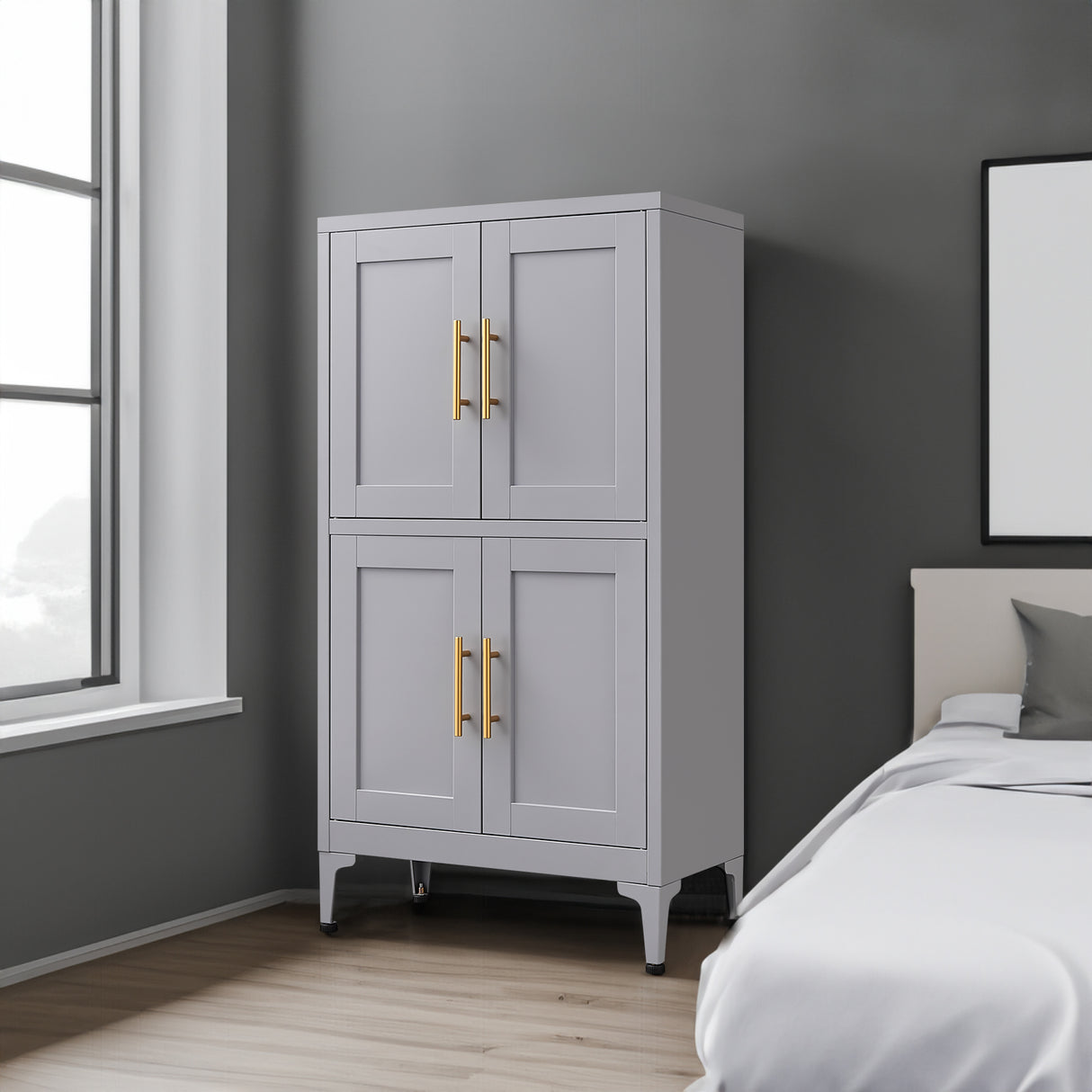 Grey metal kitchen storage cabinet, kitchen pantry storage cabinet with door and shelf, adjustable leveling feet - V.I.P Digital Presence