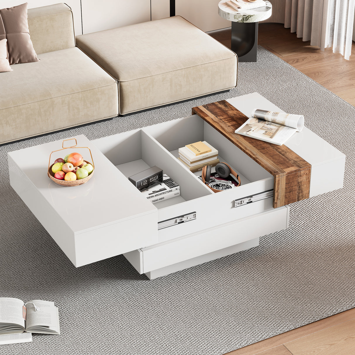 ON-TRANS 31.4 inches x 31.4 inches with sliding tabletop, high gloss center table, hidden storage room white - V.I.P Digital Presence
