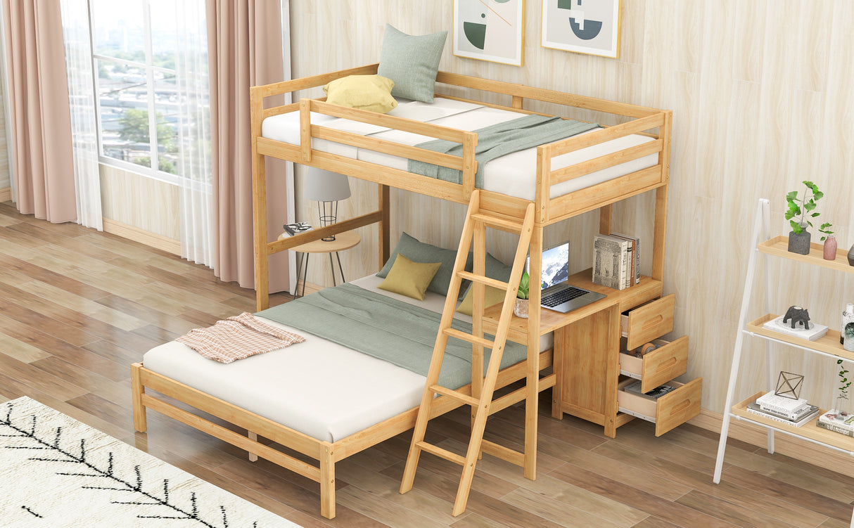 Twin over Full Bunk Bed with Built-in Desk and Three Drawers Natural